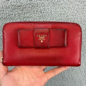 Prada Wallet Saffiano Bow Zip Around Womens OS Red Luxury Designer Leather READ